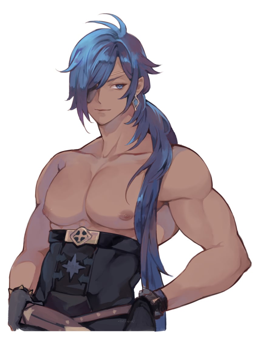 1boy ambush_(trap) androgynous blue_eyes blue_hair dark-skinned_male dark_skin eyepatch femboy genshin_impact kaeya_(genshin_impact) long_hair male manboobs muscles muscular muscular_femboy muscular_trap oketan pecs ponytail solo trap