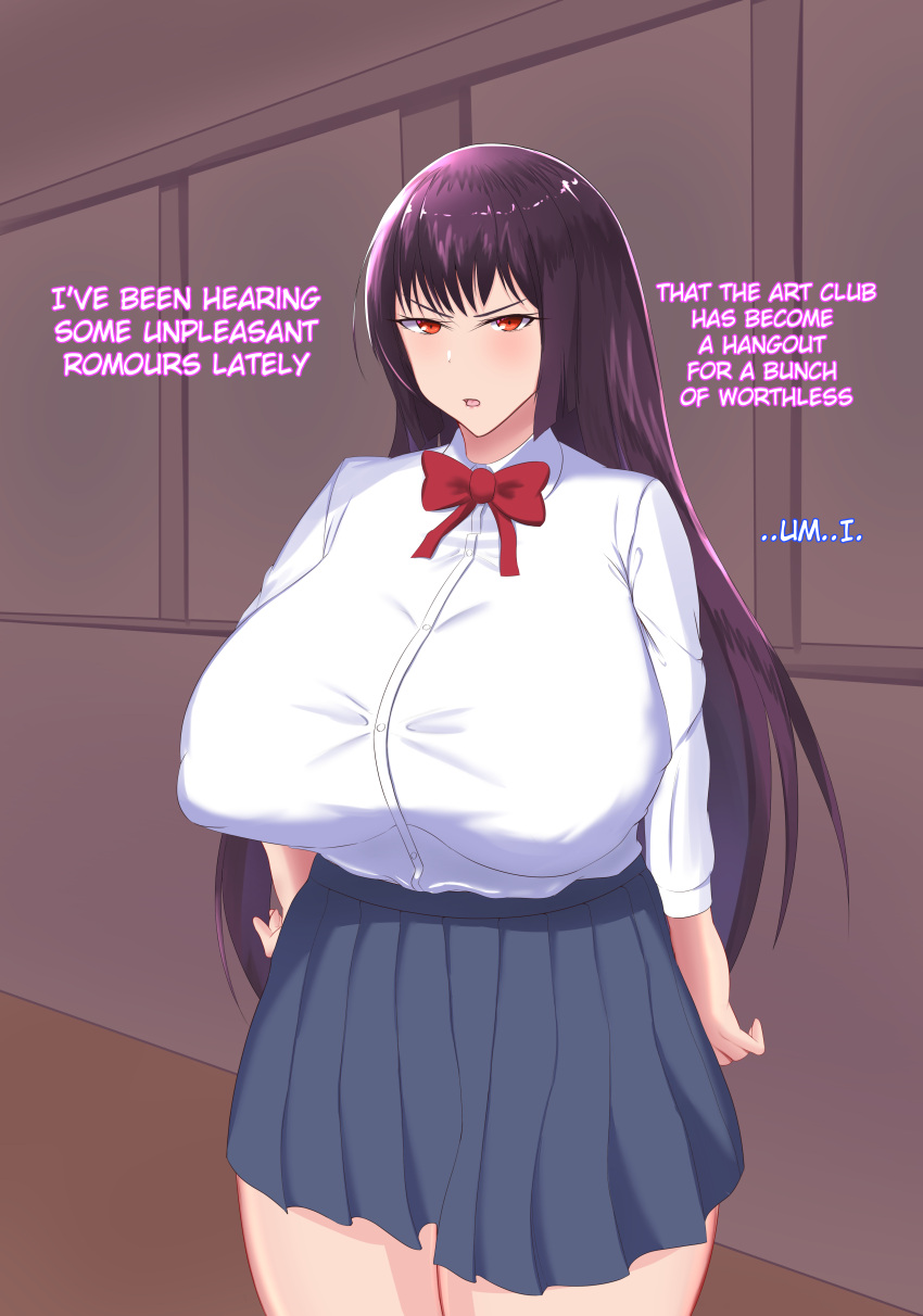 1girls big_breasts blush breasts clothed clothing comic curvy english_text female_focus female_only hi_res long_hair nipples open_mouth please_don't_bully_me,_nagatoro president_(nagatoro) purple_hair red_eyes revealing_clothes sana_sunomiya simple_background solo standing suppuri text wide_hips