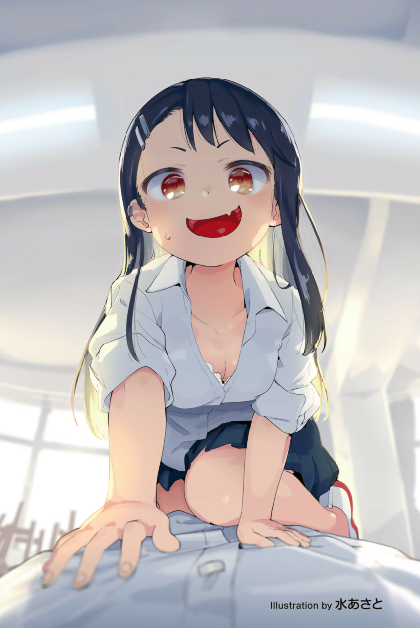 1boy 1girls black_hair breasts brown_hair classroom cleavage clothed clothing earrings hayase_nagatoro hi_res long_hair looking_at_viewer mizu_asato naoto_hachioji_(senpai) on_back open_mouth please_don't_bully_me,_nagatoro revealing_clothes school_uniform small_breasts smile uniform watermark