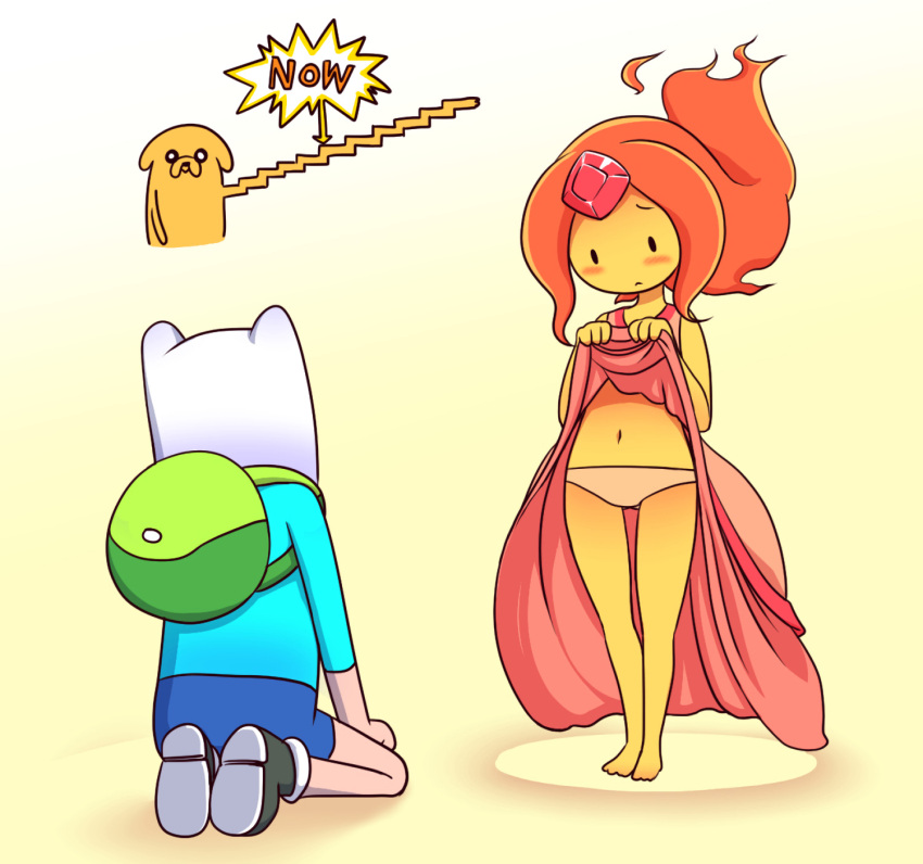 1boy 1girls adventure_time backpack bag blush clothes_lift commentary_request cute dog dress dress_lift elasticity female fiery_hair finn_the_human flame_princess forehead_jewel gem jake_the_dog kneeling lifted_by_self navel nollety panties pink_panties shy straight stretched_limb underwear wholesome