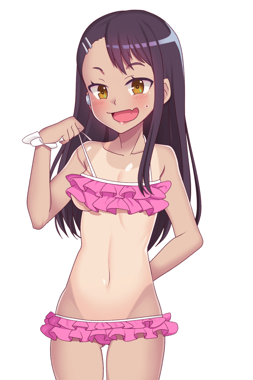 1girls bikini black_hair blush breasts brown_eyes clothed clothing female_focus female_only gazing_eye hayase_nagatoro hi_res long_hair navel open_mouth please_don't_bully_me,_nagatoro pose revealing_clothes simple_background small_breasts smile solo sweat tan tanline tanned white_background