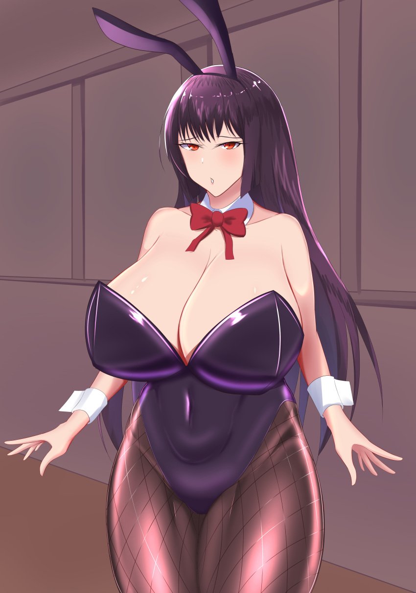 1girls big_breasts blush breasts bunnysuit cleavage clothed clothing comic curvy female_focus female_only hi_res long_hair open_mouth please_don't_bully_me,_nagatoro president_(nagatoro) purple_hair red_eyes revealing_clothes sana_sunomiya simple_background solo standing suppuri wide_hips