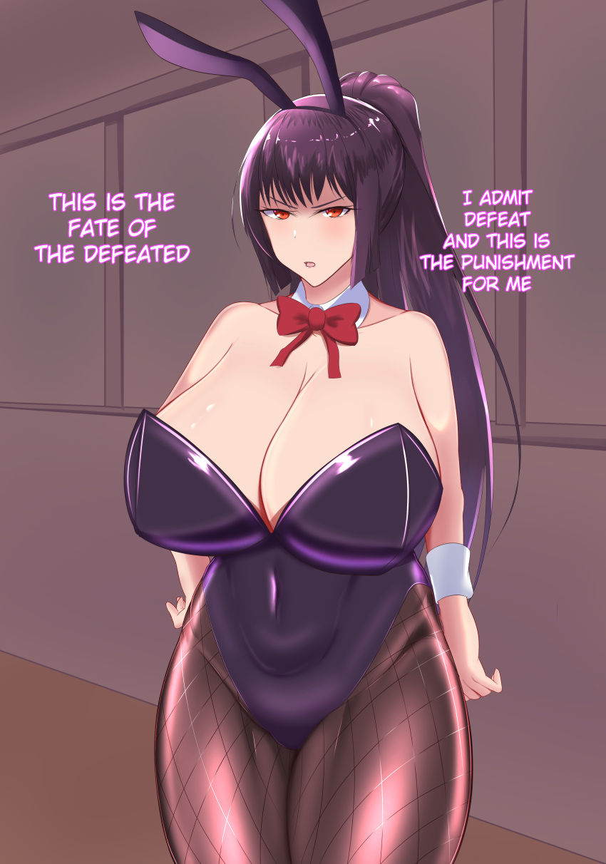 1girls big_breasts blush breasts bunnysuit cleavage clothed clothing comic curvy english_text female_focus female_only hi_res long_hair open_mouth please_don't_bully_me,_nagatoro president_(nagatoro) purple_hair red_eyes revealing_clothes sana_sunomiya simple_background solo standing suppuri text wide_hips