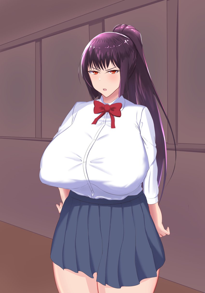 1girls big_breasts blush breasts clothed clothing comic curvy female_focus female_only hi_res long_hair nipples open_mouth please_don't_bully_me,_nagatoro ponytail president_(nagatoro) purple_hair red_eyes revealing_clothes sana_sunomiya simple_background solo standing suppuri wide_hips