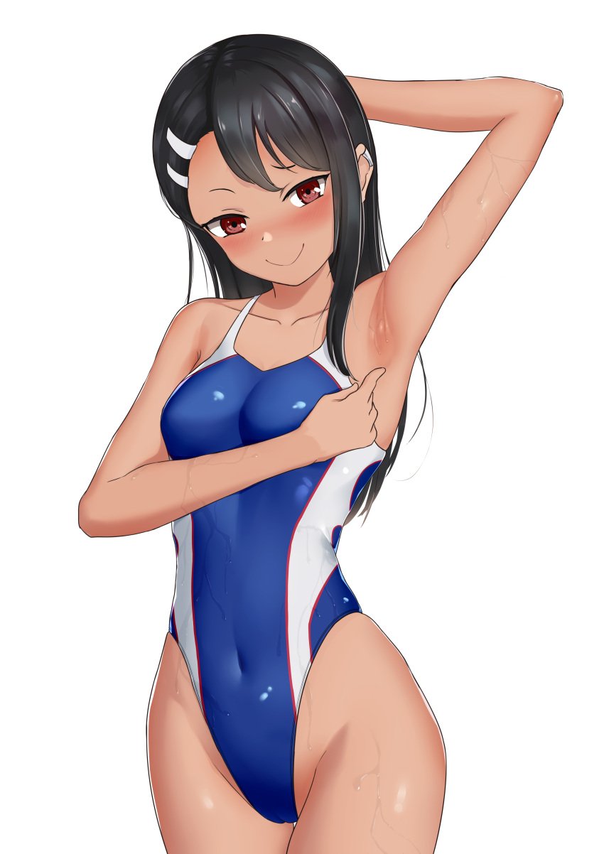 1girls black_hair blush breasts brown_eyes clothed clothing female_focus female_only hayase_nagatoro hi_res long_hair looking_at_viewer navel please_don't_bully_me,_nagatoro pose revealing_clothes shinalpha simple_background small_breasts smile solo swimsuit wet white_background