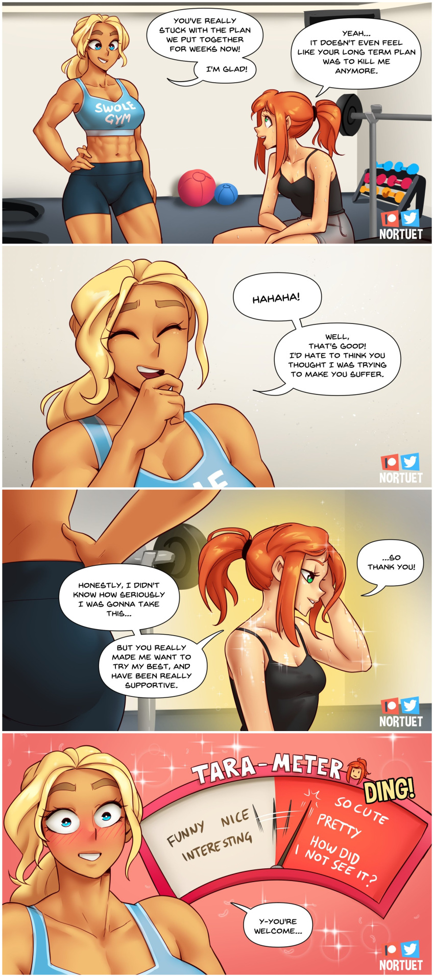 2girls admiring beverly_(nortuet) big_breasts blonde_hair blush breasts cleavage clothed clothing comic english_text female_focus female_only fitness flustered long_hair medium_hair muscular muscular_female nortuet nortuet_universe original revealing_clothes small_breasts tara_(nortuet) text watermark wholesome wide_hips yuri