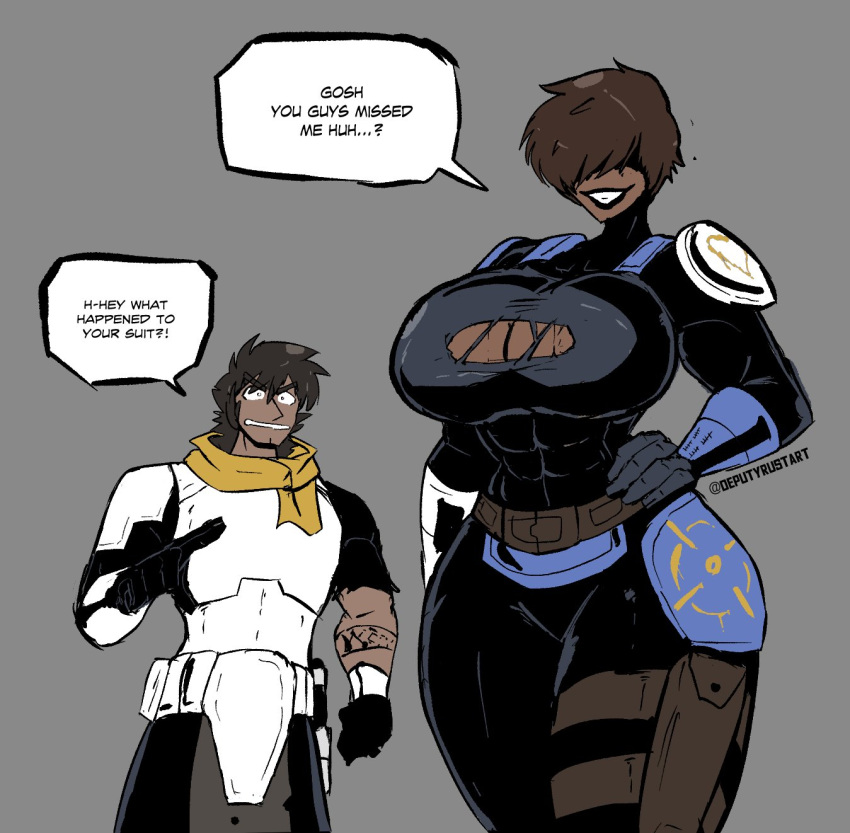 1boy 1girls 2021 abs armor artist_name belt big_breasts breasts brown_hair cleavage clothed clothed_female clothed_male clothing dark-skinned_female dark-skinned_male dark_skin deputyrust duo english_text female grey_background hair_over_eyes hand_on_hip holster huge_breasts male mandalorian mandalorian_armor original_character parted_lips rahab_the_mandalorian short_hair simple_background smile speech_bubble standing star_wars text thick thick_thighs thighs tomboy torn_clothes wardrobe_malfunction