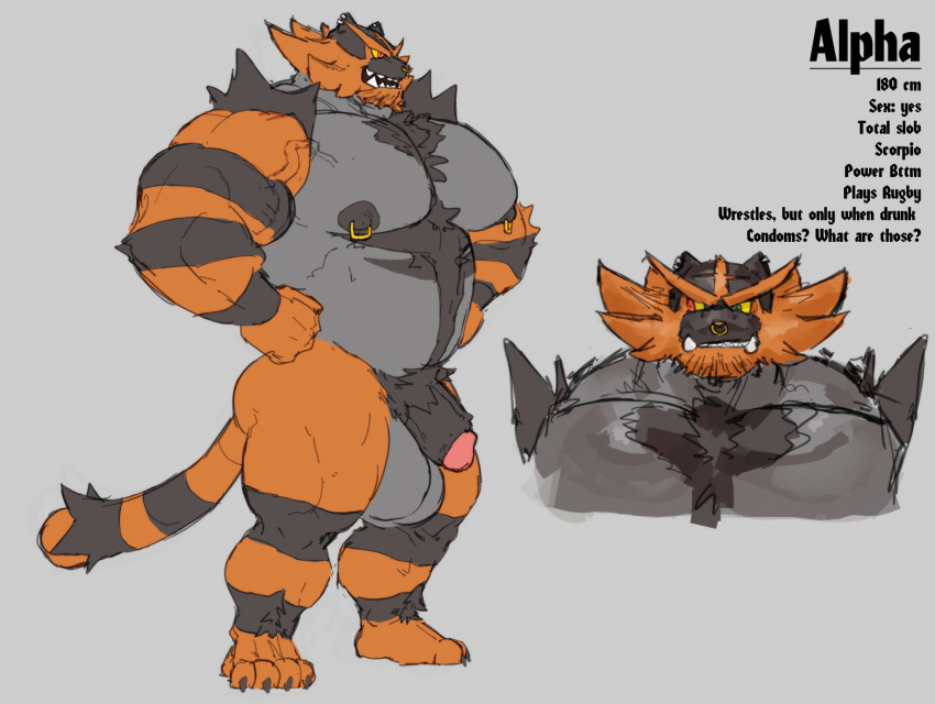 anthro balls bara big_balls feline_humanoid flaccid furry game_freak giantspacetiger incineroar male male_only muscles muscular nintendo nipple_rings penis pokémon_(species) pokemon pokemon_sm tora_gy