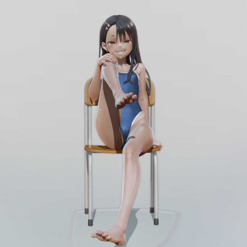 1girls 3d barefoot black_hair breasts brown_eyes clothed clothing feet female_focus female_only hayase_nagatoro hi_res leslyzerosix long_hair looking_at_viewer navel please_don't_bully_me,_nagatoro pose revealing_clothes simple_background small_breasts smile solo swimsuit white_background