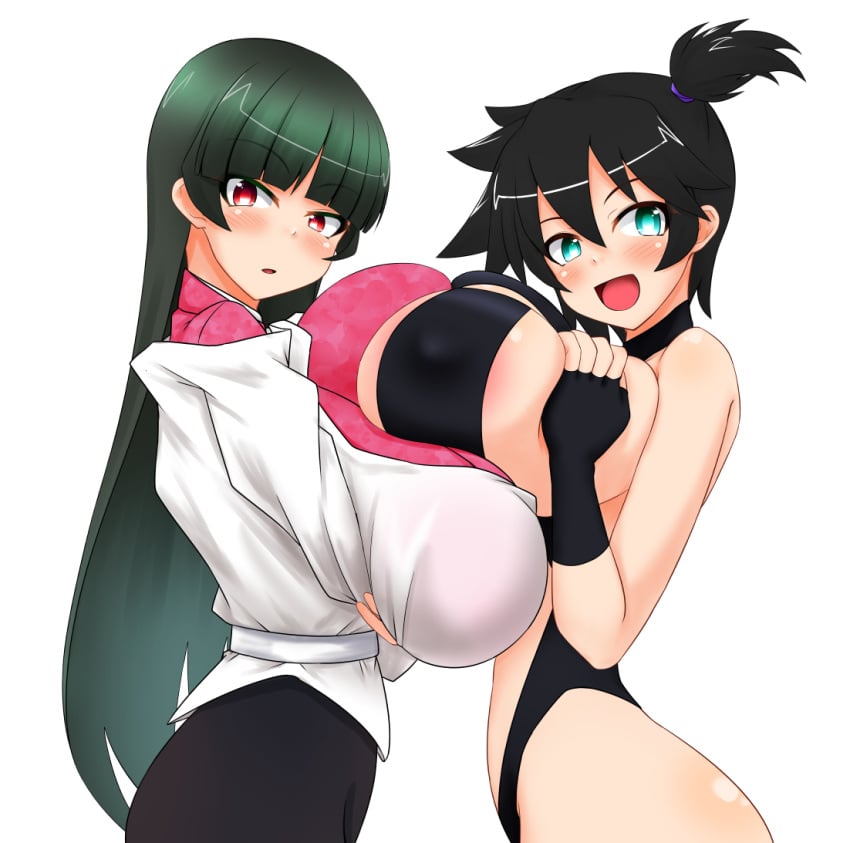 2girls adapted_costume alternate_breast_size aqua_eyes armpits asymmetrical_hair bare_legs big_breasts bimbo black_hair blush breast_hold breast_press breast_squeeze breasts censor_bar censored clothing cowboy_shot denim denim_shorts eyelashes female female_only fully_clothed game_freak gen_1_pokemon gigantic_breasts gloves green_eyes green_hair gym_leader hair_tie hips huge_breasts hyper_breasts kasumi_(pokemon) large_breasts legs long_hair looking_at_viewer massive_breasts misty_(the_electric_tale_of_pikachu) multiple_girls navel nintendo one-piece_swimsuit open_mouth orange_hair parmiria pokemon pokemon_(anime) pokemon_(classic_anime) pokemon_(game) pokemon_(manga) pokemon_rgby pokemon_trainer ponytail red_eyes sabrina_(pokemon) shiny shiny_skin shirt short_black_hair short_hair short_shorts shorts side_ponytail simple_background smile suspenders swimsuit tank_top the_electric_tale_of_pikachu tied_hair tight_clothes white_background yuri