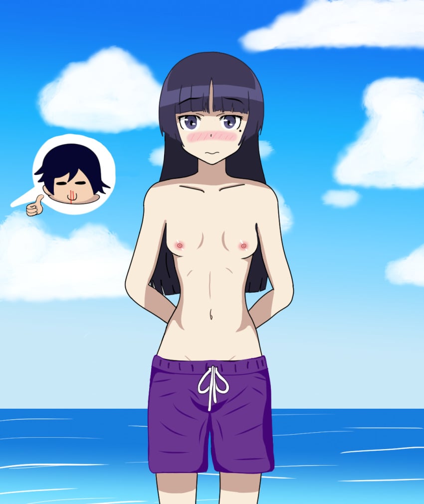 areolae blush breasts embarrassed enf erect_nipples female flat_chest gokou_ruri hands_behind_back long_hair male_swimwear_challenge mens_swimsuit_challenge navel nipples nosebleed ore_no_imouto_ga_konna_ni_kawaii_wake_ga_nai purple_eyes purple_hair swimming_trunks thumbs_up topless