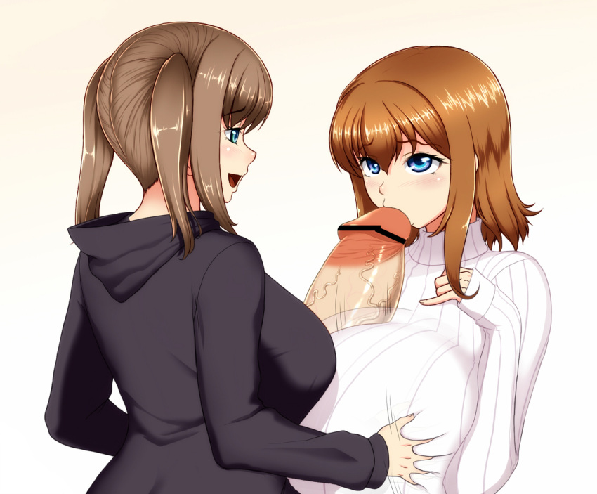 1futa 1girls big_breasts breast_grab breasts brown_hair censored clothed clothing duo erection fellatio female fully_clothed futa_on_female futanari grabbing_breasts huge_breasts huge_cock human jacket kinoko light-skinned_female light-skinned_futanari light_skin long_sleeves oral pale_skin sex short_hair standing sweater twintails