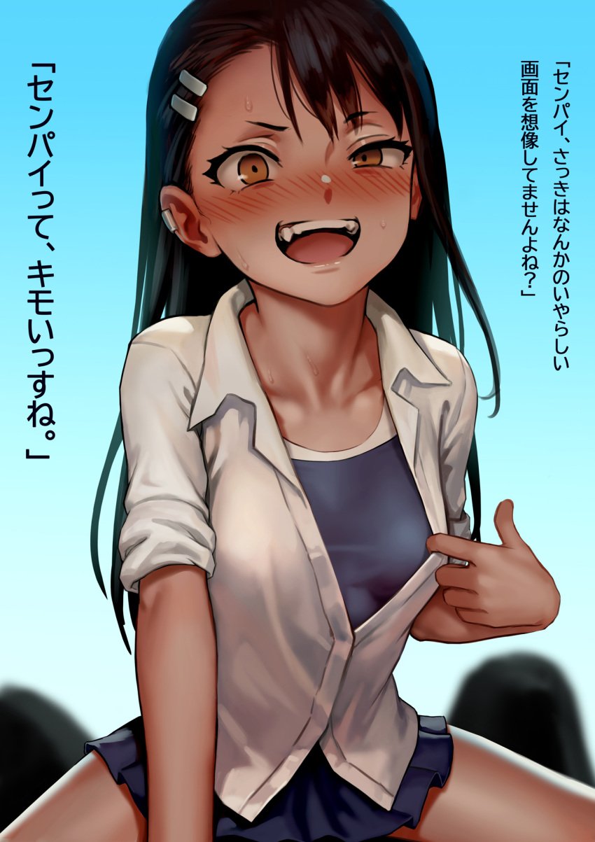 1boy 1girls as109 black_hair blue_background blush breasts brown_eyes clothed clothing earrings hayase_nagatoro hi_res japanese_text long_hair looking_at_viewer naoto_hachioji_(senpai) on_back open_mouth peace_sign please_don't_bully_me,_nagatoro revealing_clothes simple_background small_breasts smaller_male smile spread_legs swimsuit text translated watermark