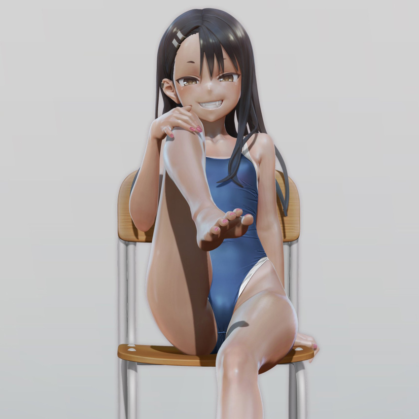 1girls 3d black_hair breasts brown_eyes clothed clothing female_focus female_only hayase_nagatoro hi_res leslyzerosix long_hair navel please_don't_bully_me,_nagatoro pose revealing_clothes simple_background sitting small_breasts smile solo swimsuit white_background