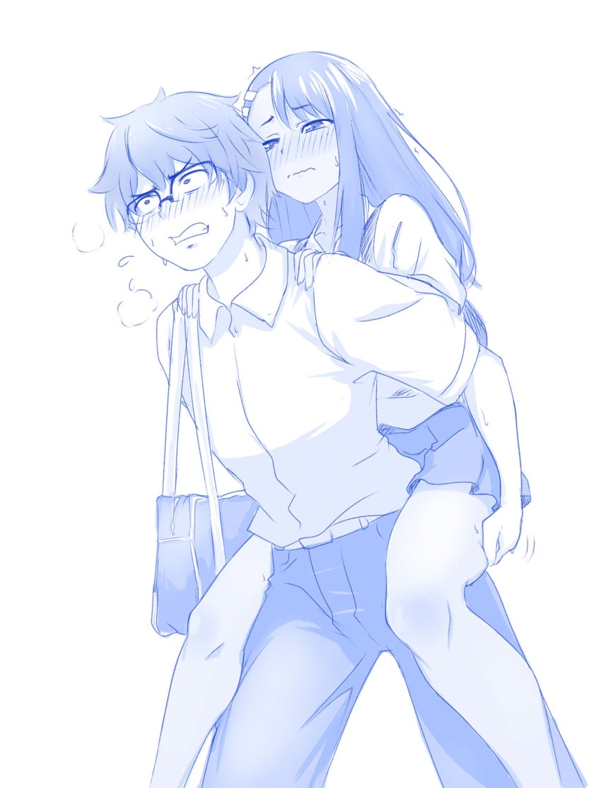 1boy 1girls black_hair blush clenched_teeth clothed clothing embarrassed glasses hayase_nagatoro heavy_breathing long_hair naoto_hachioji_(senpai) piggyback please_don't_bully_me,_nagatoro revealing_clothes short_hair simple_background spread_legs viperxtr white_background wholesome