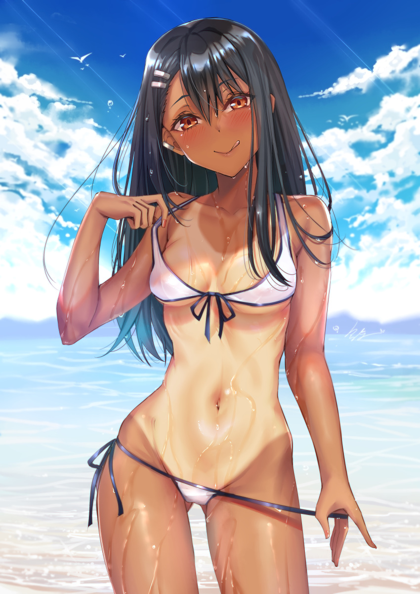 1girls bikini black_hair blush breasts brown_eyes cleavage clothed clothing female_focus female_only gu_li hayase_nagatoro hi_res long_hair looking_at_viewer navel please_don't_bully_me,_nagatoro pose revealing_clothes simple_background small_breasts smile solo tanline tanned tongue_out wet