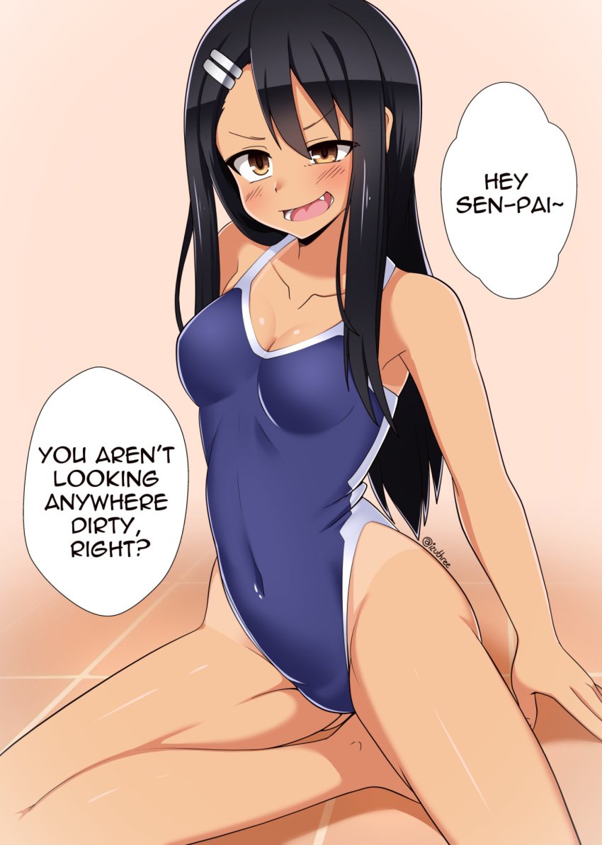 1girls black_hair blush breasts brown_eyes cleavage clothed clothing english_text female_focus female_only hayase_nagatoro hi_res izuthree long_hair looking_at_viewer navel open_mouth please_don't_bully_me,_nagatoro pose revealing_clothes simple_background small_breasts smile solo swimsuit text watermark