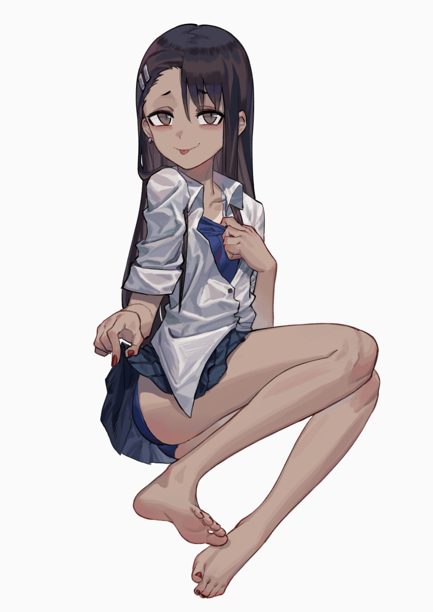 1girls barefoot black_hair blush breasts brown_eyes clothed clothing feet female_focus female_only hayase_nagatoro hi_res long_hair looking_at_viewer max-k please_don't_bully_me,_nagatoro pose revealing_clothes simple_background skirt small_breasts smile solo swimsuit tongue_out