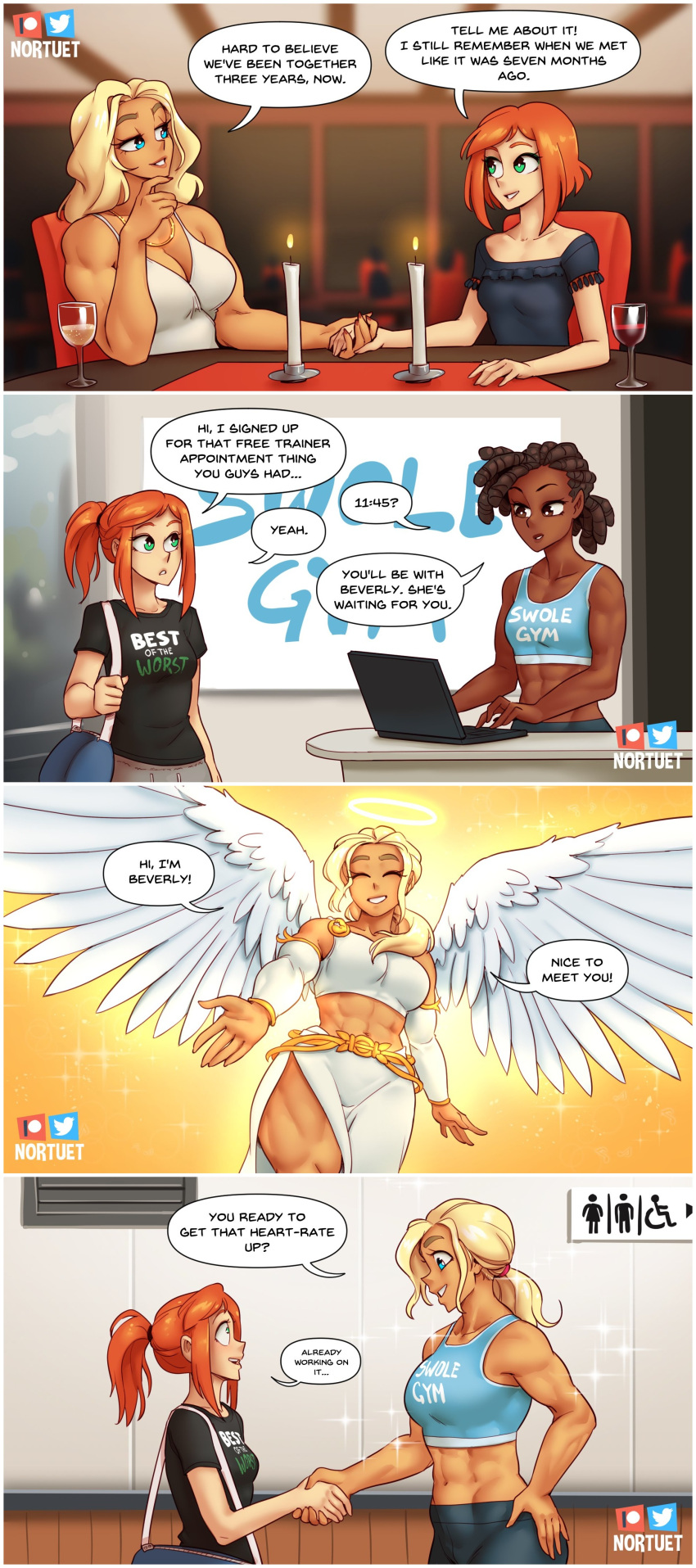 3girls 4koma abs angel beverly_(nortuet) blonde_hair breasts comic cute dark-skinned_female dark_skin dress female female_only green_eyes happy_female holding_hands horny_female multiple_girls muscular muscular_female muscular_thighs nortuet nortuet_universe original ponytail red_hair redlettermedia romantic romantic_couple smile sweedi_(nortuet) tara_(nortuet) text thick_thighs thin_female wings yuri