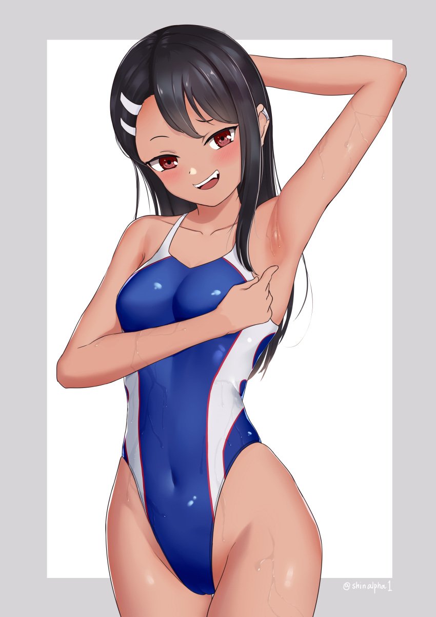 1girls black_hair blush breasts brown_eyes clothed clothing female_focus female_only hayase_nagatoro hi_res long_hair looking_at_viewer navel open_mouth please_don't_bully_me,_nagatoro pose revealing_clothes shinalpha simple_background small_breasts smile solo swimsuit wet white_background