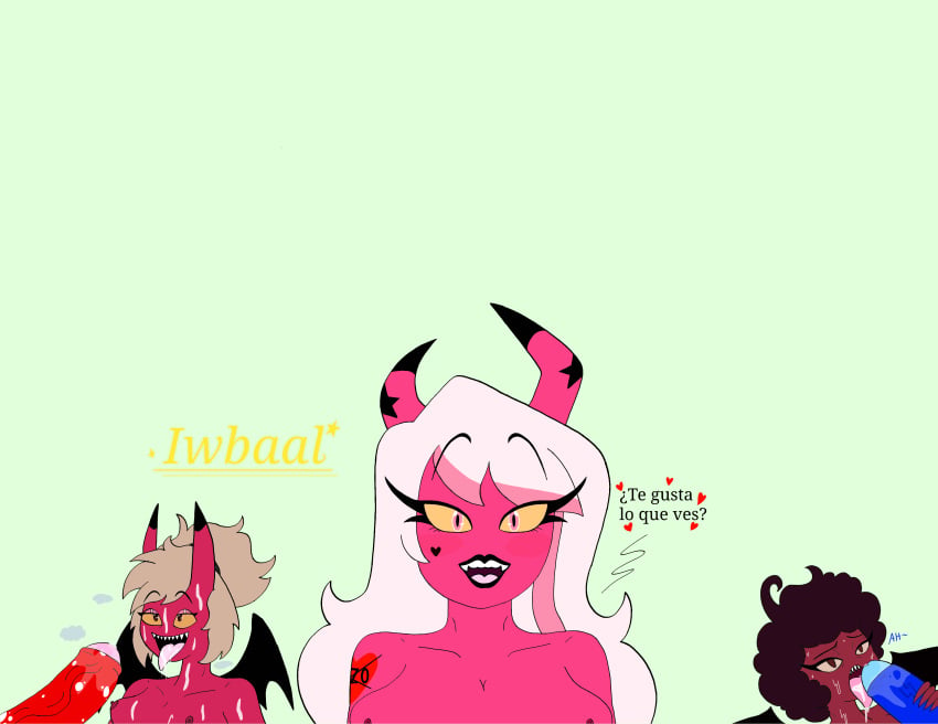 2boys 3girls ahe_gao apple_(helluva_boss) big_breasts big_penis black_wings blonde_hair blue_penis breasts coco_(helluva_boss) color colored cum cum_in_mouth cum_inside cumming dark-skinned_female dark_hair dark_skin demon demon_girl demon_horns demon_tail demon_wings digital_drawing_(artwork) digital_media_(artwork) fellatio female female_focus girl girlfriend girly helluva_boss iwbaal makeup male/female nipples oral pink_hair pink_nipples pink_skin red_penis red_skin remastered saliva spanish spanish_text sucking text verosika_mayday_(helluva_boss) vivienne_medrano yellow_sclera