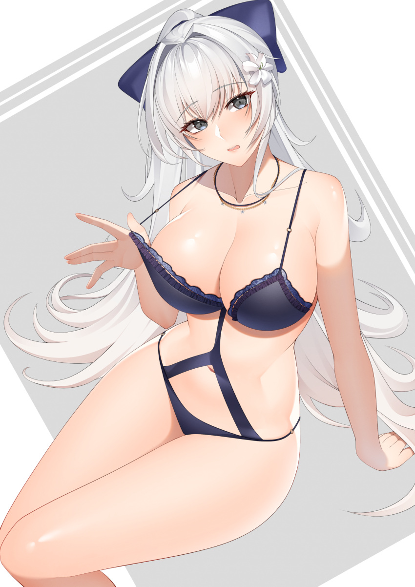 1girls 2021 arm_support azur_lane bangs bow breasts chichikoucha cleavage clothing_cutout eyebrows_visible_through_hair female female_focus female_only flower grey_background grey_eyes hair_flower hair_ornament hairbow head_tilt highres jewelry lace-trimmed_swimsuit lace_trim large_breasts light-skinned_female light_skin lily_(flower) long_hair looking_at_viewer navel navel_cutout necklace o-ring o-ring_swimsuit official_alternate_costume ponytail pulled_by_self purple_bow purple_swimsuit sardegna_empire_(azur_lane) simple_background sitting solo solo_female strap_pull swimsuit thighs two-tone_background very_long_hair vittorio_veneto_(azur_lane) vittorio_veneto_(the_flower_of_la_spezia)_(azur_lane) white_background white_hair