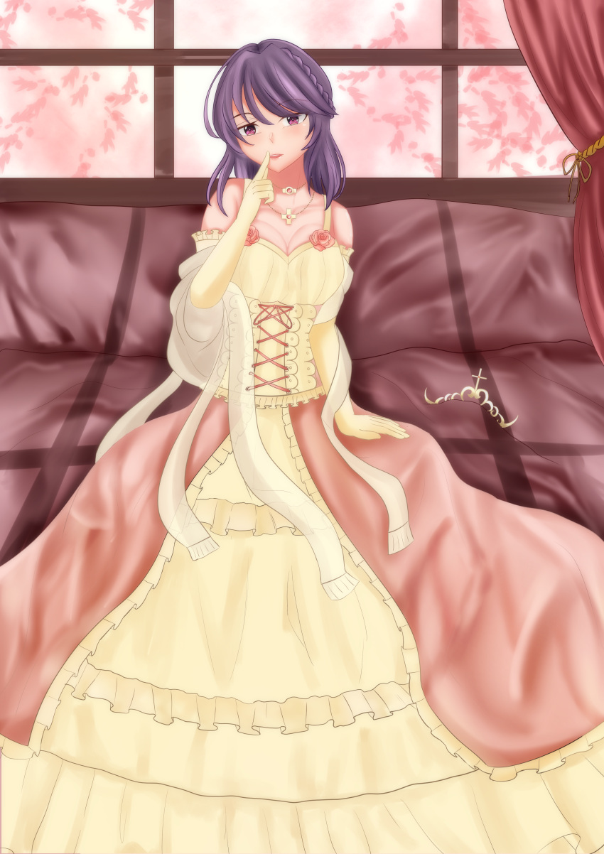 1girls bed bedroom braid cosplay diadem elbow_gloves fault_milestone female finger_to_lips finger_to_mouth frills gown latifa_fleuranza_(cosplay) looking_at_viewer pink_dress pink_eyes princess purple_hair ritona_reighnvhasta shawl sitting sitting_on_bed solo tiara