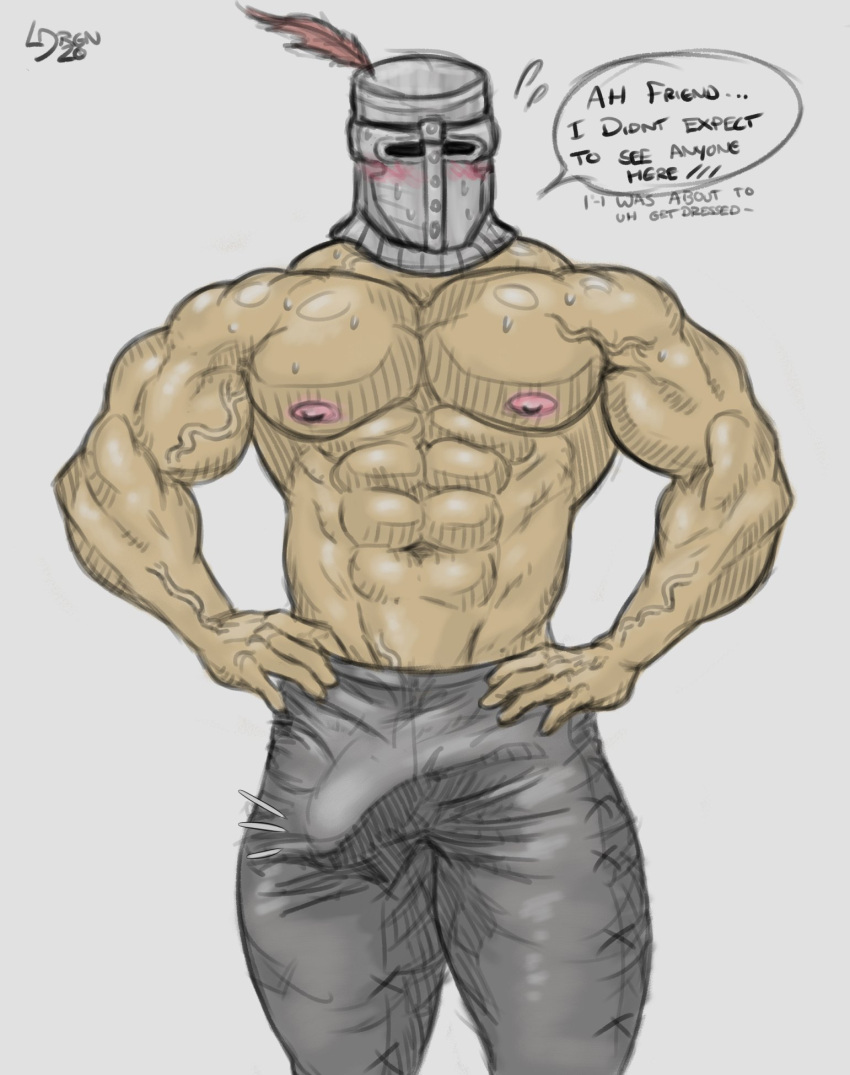 bara big_penis blush bulge dark_souls dialogue english_text fromsoftware hands_on_hips helmet knight lusterdrgn2 male male_only masked masked_male muscular muscular_male penis solaire_of_astora solo sweat tight_clothing tight_pants topless topless_male veiny_muscles