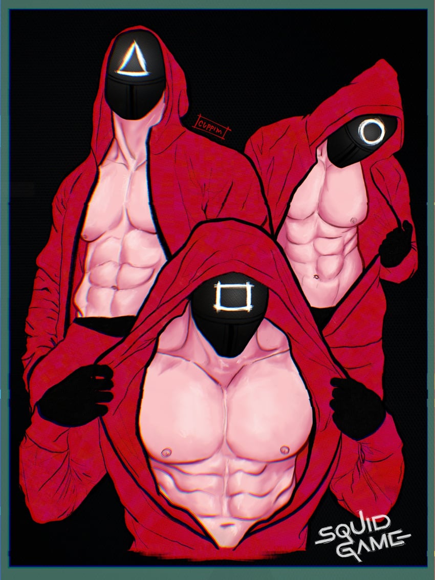 2021 3boys circle_(squid_game) cuppim gloves hoodie jumpsuit male male_only mask masked masked_male muscular muscular_male netflix open_clothes pink_guard square_(squid_game) squid_game triangle_(squid_game) unzipped_bodysuit