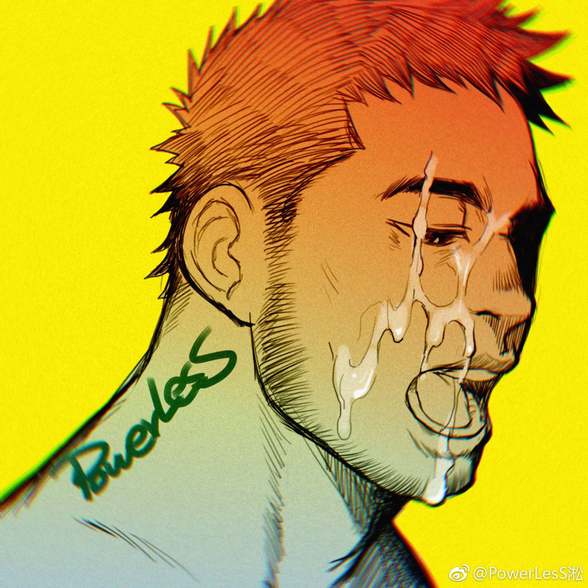 1boy bara cum cum_string face facial facial_hair from_side highres implied_yaoi male_focus male_only mature_male monochrome muscular muscular_male open_mouth original powerlesssong short_hair sideburns solo solo_male spiked_hair stubble thick_eyebrows weibo_logo weibo_username yellow_background