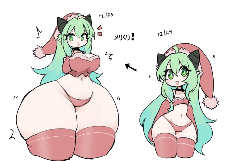 1girls ass ass_body ass_expansion big_ass big_breasts bottom_heavy breast_expansion breasts christmas cyrie expansion fat_ass female female_focus female_only green_eyes green_hair growth huge_thighs hyper hyper_ass massive_ass round_ass smile solo thick_ass thick_thighs thighhighs thong wide_hips