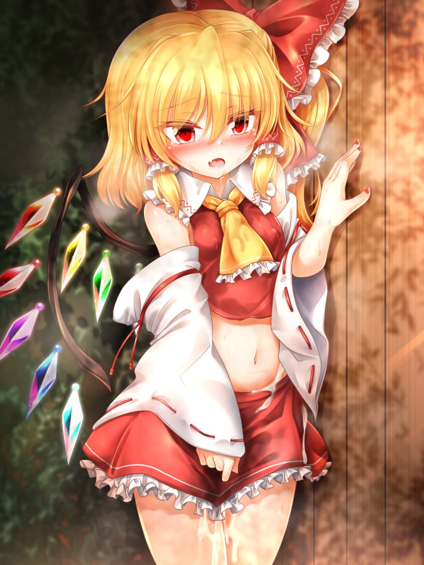 1girls after_sex ascot bangs bare_shoulders blonde_hair blush bow breasts bush collar collared_shirt cosplay crystal cum cumdrip detached_sleeves eyebrows_visible_through_hair eyes_visible_through_hair female flandre_scarlet frills hair_between_eyes hair_ornament hair_tubes hairbow hand_up highres japanese_clothes jewelry long_sleeves looking_at_viewer marukyuu_ameya medium_breasts miko miniskirt multicolored_wings navel no_hat no_headwear oerba_yun_fang open_mouth ponytail red_bow red_eyes red_nails red_shirt red_skirt reimu_hakurei_(cosplay) shadow shirt short_hair skirt solo standing stomach sweat tongue touhou wall wet white_sleeves wide_sleeves wings yellow_ascot