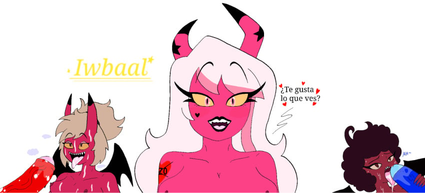 2021 2boys 3girls ahe_gao apple_(helluva_boss) blonde_hair blue_penis blush breasts coco_(helluva_boss) color colored cum cum_in_mouth cum_inside cumming dark-skinned_female dark_hair dark_skin demon demon_girl demon_horns demon_tail demon_wings digital_drawing_(artwork) digital_media_(artwork) fellatio female female_focus female_only girl girly helluva_boss imp iwbaal makeup nipples oral pink_skin red_penis red_skin remastered saliva spanish spanish_text transparent_background verosika_mayday_(helluva_boss) vivienne_medrano yellow_sclera