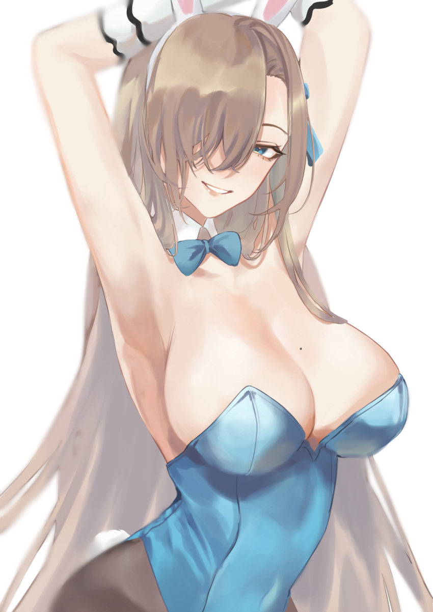 1girls 2021 animal_ears armpits arms_behind_head arms_up asuna_(blue_archive) asuna_(bunny)_(blue_archive) bangs bare_shoulders blue_archive blue_leotard blush breasts bunny_ears cleavage detached_collar fake_animal_ears female female_focus female_only hair_over_one_eye highres karen_ngao large_breasts leotard light_brown_hair long_hair looking_at_viewer mole mole_on_breast pantyhose playboy_bunny smile solo solo_female