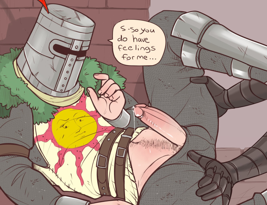 2boys armor chosen_undead dark_souls dialogue erection fromsoftware fur_collar gay helmet imminent_sex knight legs_held_open male male_focus male_only masked masked_male pants_down penis precum_drip secretstash solaire_of_astora speech_bubble spread_legs uncensored yaoi