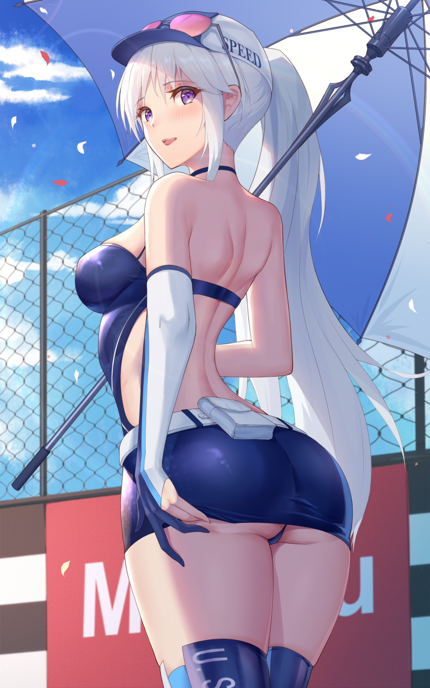 1girls 2021 :d absurdres ass azur_lane back backless_dress backless_outfit bangs bare_shoulders belt belt_pouch black_dress black_footwear blue_sky blush boots breasts bright_eyes chain-link_fence cleavage cloud commentary confetti cowboy_shot day dress elbow_gloves enterprise_(azur_lane) enterprise_(wind_catcher)_(azur_lane) eyebrows_visible_through_hair eyewear_on_head eyewear_on_headwear female female_focus female_only fence fingerless_gloves from_behind gloves hair_between_eyes hair_through_headwear halter_dress halterneck hat highres holding holding_umbrella kojo_(0124) large_breasts long_hair looking_at_viewer official_alternate_costume open_mouth outdoors partially_fingerless_gloves ponytail pouch purple_eyes race_queen short_dress sidelocks silver_hair single_elbow_glove single_fingerless_glove skindentation sky sleeveless sleeveless_dress smile solo solo_female standing sunglasses sunglasses_on_head teeth thigh_boots thighhighs umbrella upper_teeth very_long_hair white_belt white_headwear zettai_ryouiki