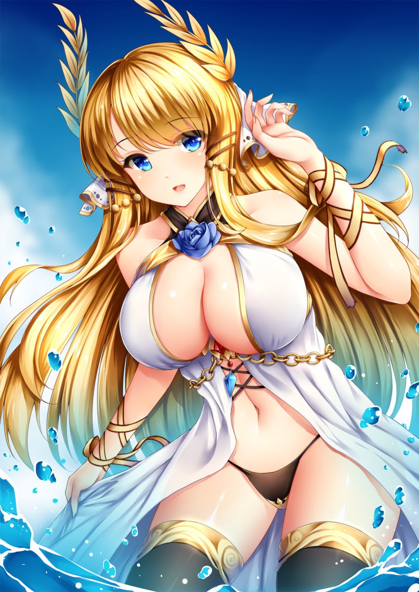 1girls 2018 azur_lane bare_shoulders black_legwear black_panties blonde_hair blue_eyes blue_sky blush breasts cleavage day dress eyebrows_visible_through_hair eyes_visible_through_hair female gem hair_ornament hand_up highres holding_clothes holding_dress large_breasts laurel_crown leaning_forward long_hair looking_at_viewer navel o-ring open_mouth panties ribbon shiny shiny_skin sky sleeveless smile solo splashing standing standing_in_water stomach thighhighs thighs underwear veil very_long_hair victorious_(azur_lane) water water_drop wrist_ribbon wsman