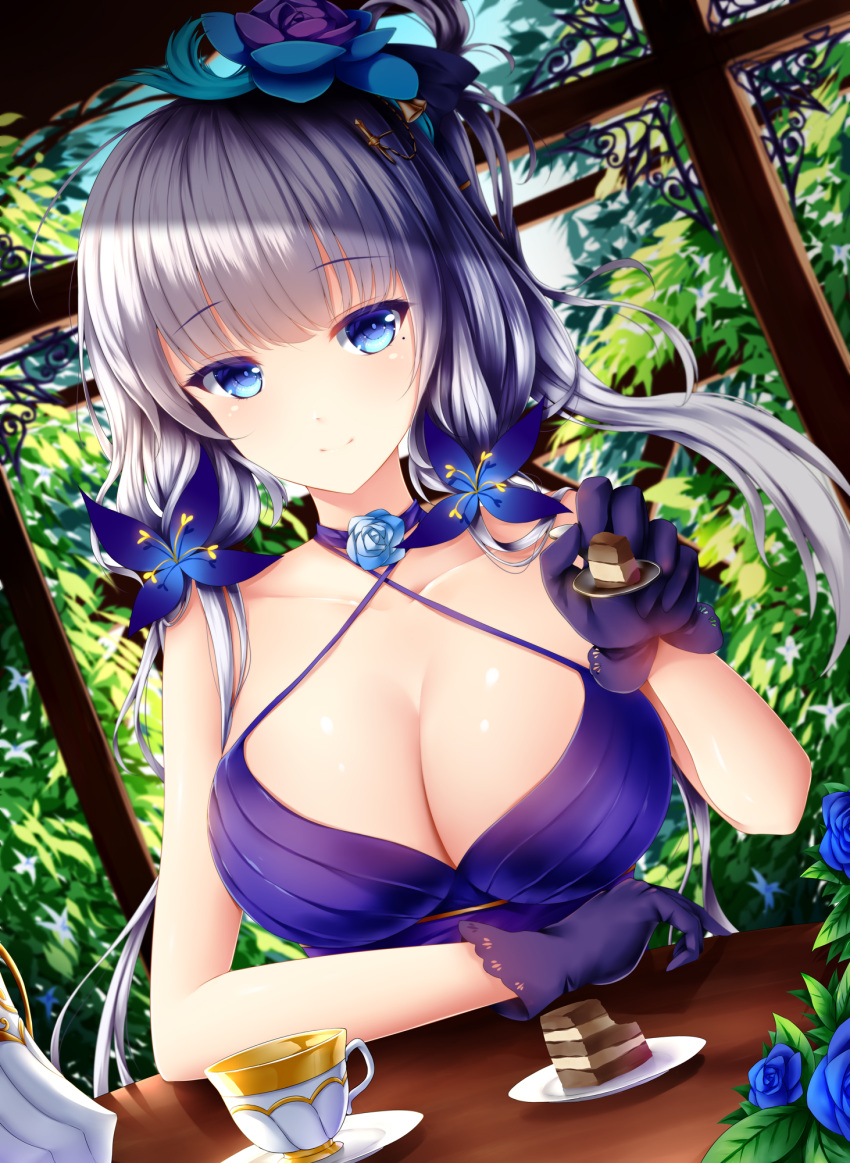 1girls 2017 azur_lane blue_eyes blue_flower blue_rose blush breasts cake choker cleavage closed_mouth cup dress dutch_angle eyebrows_visible_through_hair feeding female flower food gloves hair_flower hair_ornament highres holding holding_spoon illustrious_(azur_lane) illustrious_(never-ending_tea_party)_(azur_lane) indoors large_breasts long_hair looking_at_viewer low_twintails mole mole_under_eye purple_dress purple_gloves rose saucer shiny shiny_skin smile solo spoon table teacup twintails white_hair window wsman