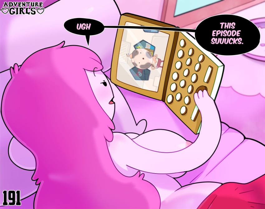 adventure_girls adventure_time areolae bed big_breasts breasts computer english_text female highres long_hair nipples pink_hair princess_bubblegum somescrub text