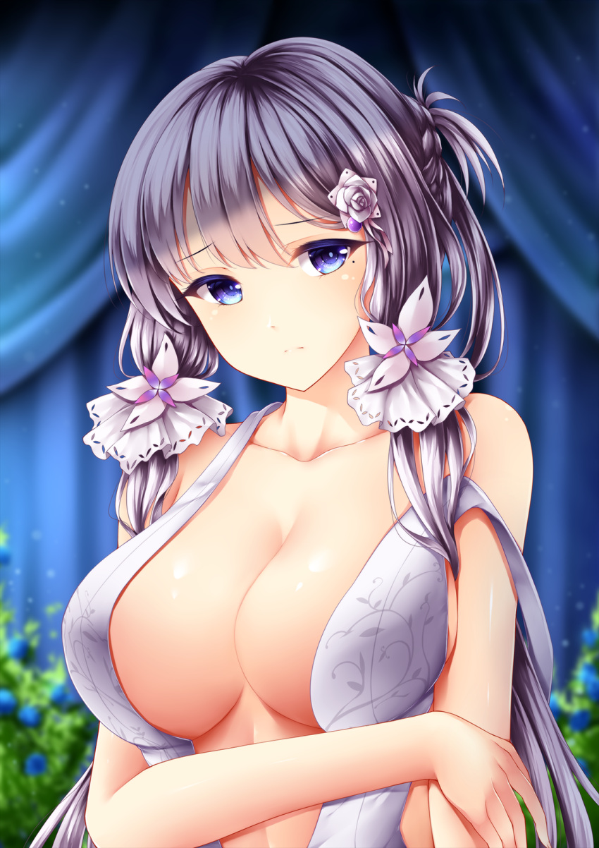 1girls 2018 azur_lane big_breasts blue_eyes breasts center_opening closed_mouth female hair_ornament highres illustrious_(azur_lane) large_breasts long_hair looking_to_the_side mole mole_under_eye silver_hair solo upper_body wsman
