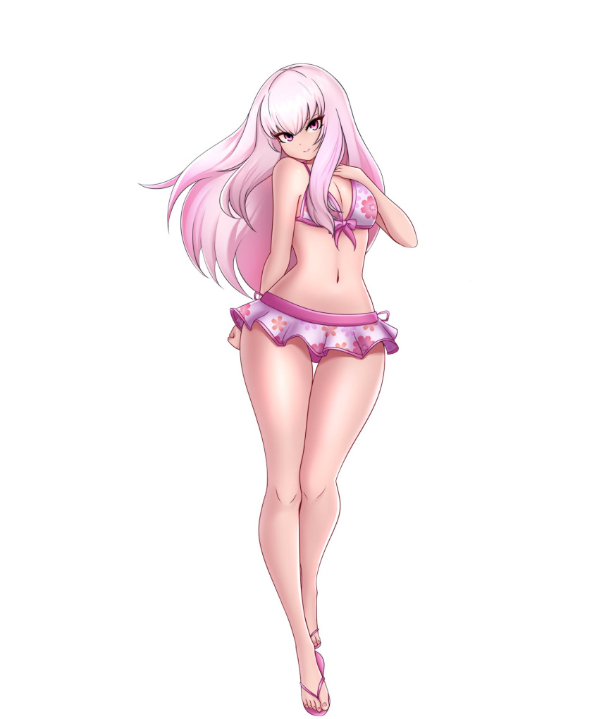 1girls alternate_costume bare_legs breasts cleavage female fire_emblem fire_emblem:_three_houses jaxartdump long_hair looking_at_viewer lysithea_von_ordelia medium_breasts nintendo pink_bikini pink_eyes pink_hair pink_swimsuit plain_background smile solo swimsuit white_background white_hair