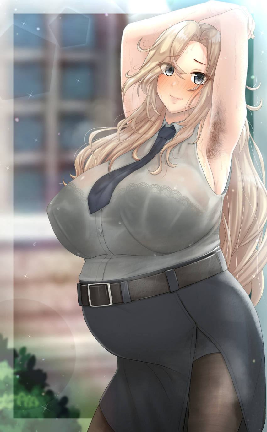 anetani_kiki armpit_hair armpits arms_up big_breasts blonde_hair blue_eyes blush bra_through_clothes bra_visible_through_clothes clothed clothing female female_only high-waist_skirt hornet_(kantai_collection) huge_breasts kantai_collection lace-trimmed_bra long_hair looking_at_viewer necktie pantyhose pencil_skirt pregnant see-through sleeveless_shirt smile solo sweat wet wet_clothes