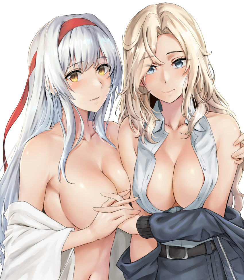 2girls bangs bare_shoulders big_breasts blonde_hair blue_eyes cleavage covered_nipples female female_only hairband hornet_(kantai_collection) kantai_collection kokuzou long_hair looking_at_viewer multiple_girls no_bra off_shoulder open_shirt shoukaku_(kantai_collection) silver_hair sleeveless_shirt smile upper_body wavy_hair yellow_eyes yuri