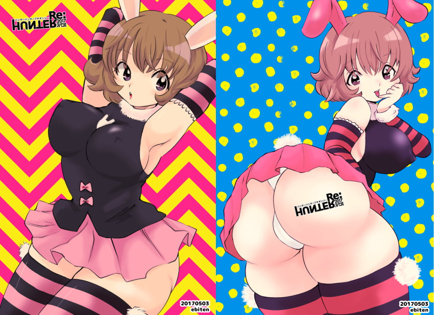 1girls ass big_ass big_breasts breasts brown_hair bunny_ears erect_nipples female human hunter hunter_x_hunter large_breasts light-skinned_female light_skin nipple_bulge panties piyon short_hair shounen_jump skirt solo tagme thick_thighs thighhighs wide_hips