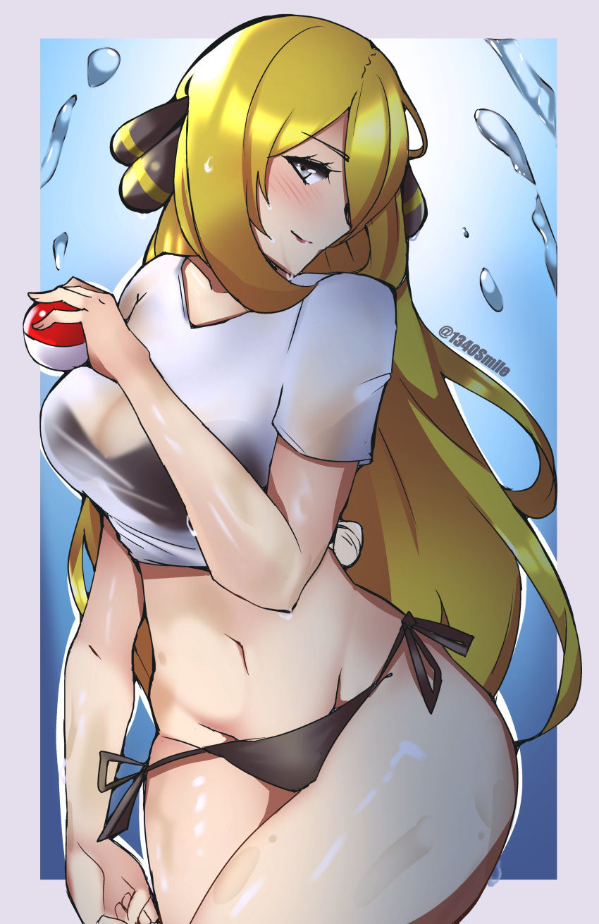 1340smile 1girls alternate_costume artist_name big_breasts bikini blonde_hair blushing breasts cynthia_(pokemon) female game_freak hair_over_one_eye holding_object long_hair looking_at_viewer midriff nintendo poke_ball pokeball pokemon pokemon_bdsp pokemon_dppt see-through see-through_shirt solo swimsuit tagme thick_thighs thighs water wet wet_clothes wet_shirt wet_skin