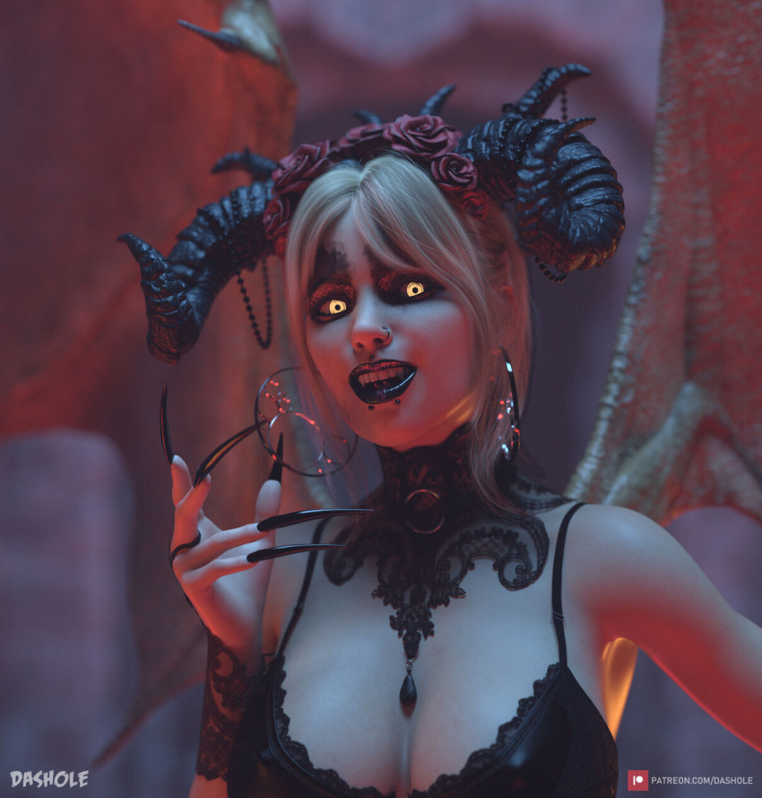 1girls 3d arm_tattoo bat_wings black_nail_polish blonde_hair chopstick_fingernails claws curved_horn dark_blonde dark_blonde_hair dashole demon_girl demon_wings depth_of_field dirty_blonde dirty_blonde_hair earrings female female_only flower_in_hair glowing_eyes gold_eyes hoop_earrings horns image lace large_breasts long_fingernails long_nails looking_at_viewer sandy_blonde sandy_blonde_hair slushe_(website) smile solo solo_female tattoo very_long_fingernails wings