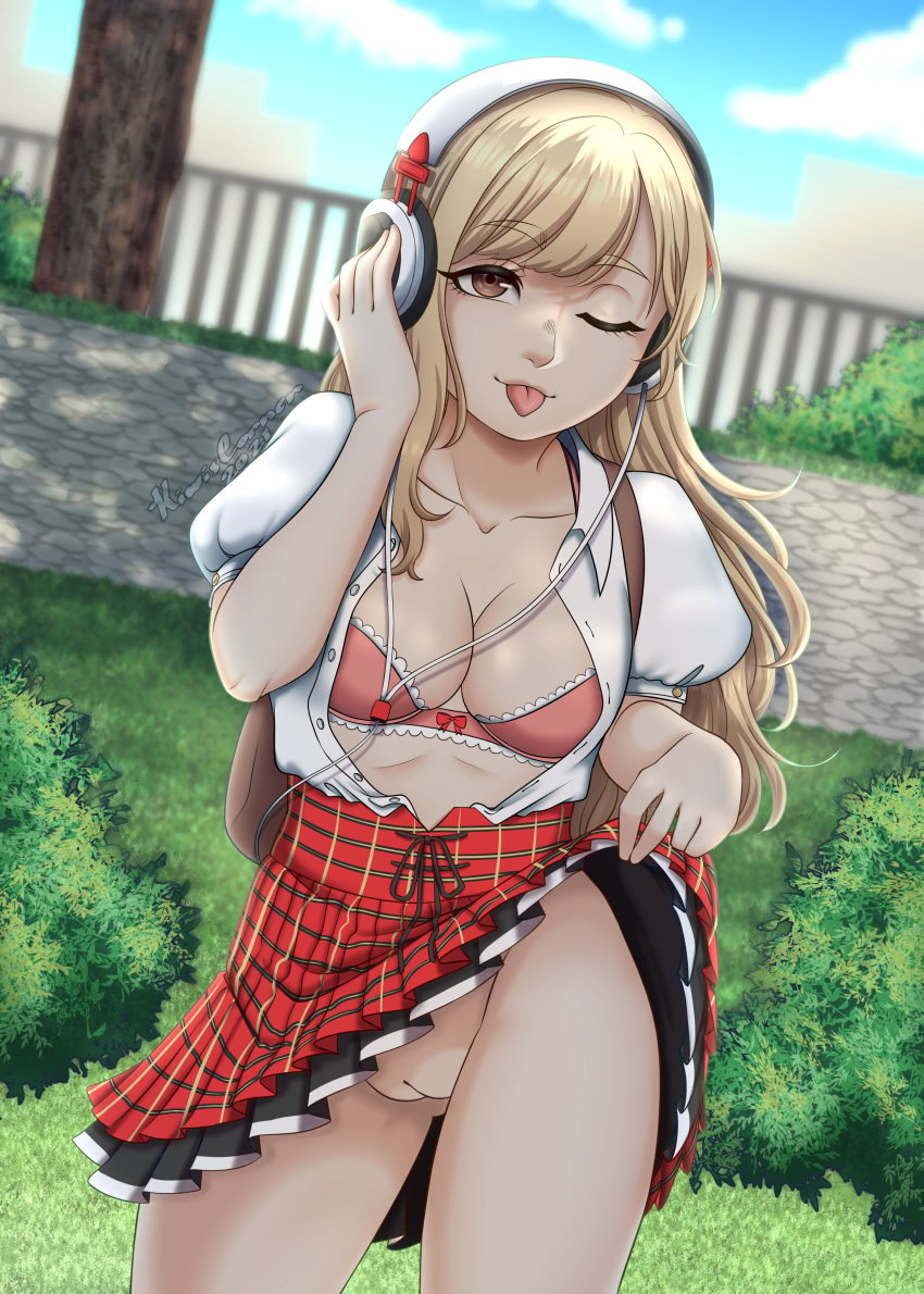 blonde_hair blue_sky bra brown_eyes exhibitionism female flashing flashing_girl grass headphones kiwiscorner lace lace_bra lace_trim light-skinned_female light_skin long_hair matsunae_tsugumi neo:_the_world_ends_with_you open_clothes open_shirt park pink_bra plaid plaid_skirt public red_ribbon ribbon school_uniform short_sleeves sidewalk skirt skirt_lift skirt_lifted_by_self smile the_world_ends_with_you tongue tongue_out tree tsugumi_matsunae twewy voyeurism white_shirt wink