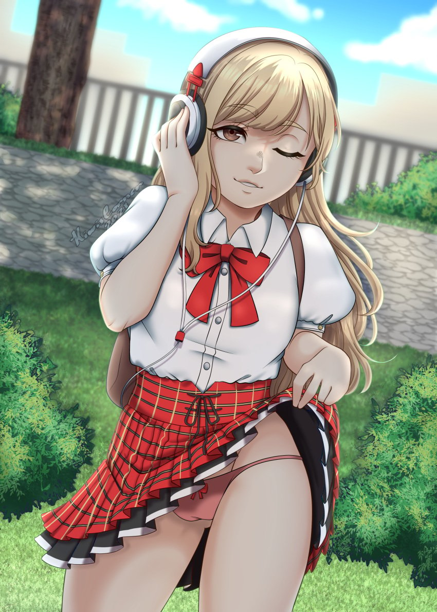 blonde_hair blue_sky brown_eyes exhibitionism female flashing flashing_girl grass headphones kiwiscorner light-skinned_female light_skin long_hair matsunae_tsugumi neo:_the_world_ends_with_you panties park pink_panties plaid plaid_skirt public red_ribbon ribbon school_uniform short_sleeves sidewalk skirt skirt_lift skirt_lifted_by_self smile the_world_ends_with_you tree tsugumi_matsunae twewy voyeurism white_shirt wink