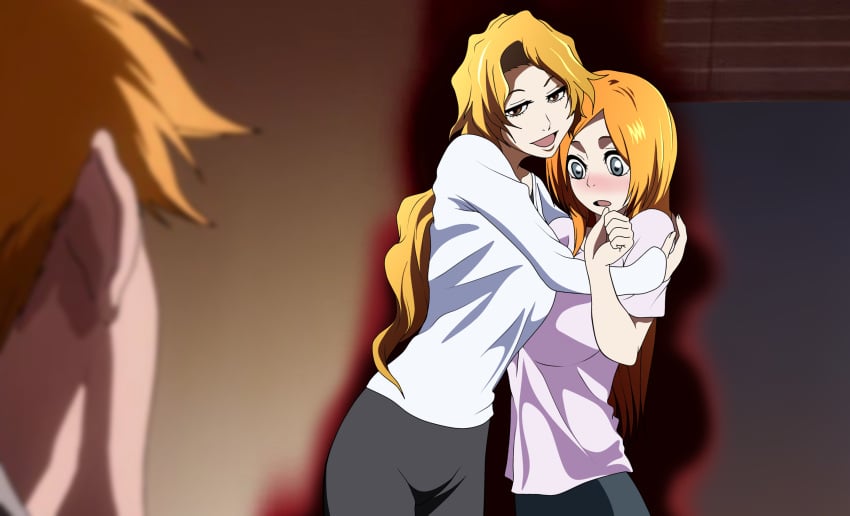 big_breasts bleach brown_eyes brown_hair grey_eyes hug huge_breasts ichigo_kurosaki inoue_orihime kurosaki_ichigo kurosaki_masaki large_breasts masaki_kurosaki mother_and_son oldhorrorz orange_hair smile smiling yuri