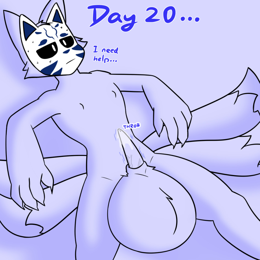 1:1 animal_genitalia animal_penis anthro balls big_balls blue_theme bon_(mobzylewd) cheek_tuft expressive_mask facial_tuft fluffy fluffy_tail furry fursona genitals male mask meme mobzylewd monochrome multi_tail no_nut_november on_back oversized_balls page_20 penis solo text throbbing tuft white_mask